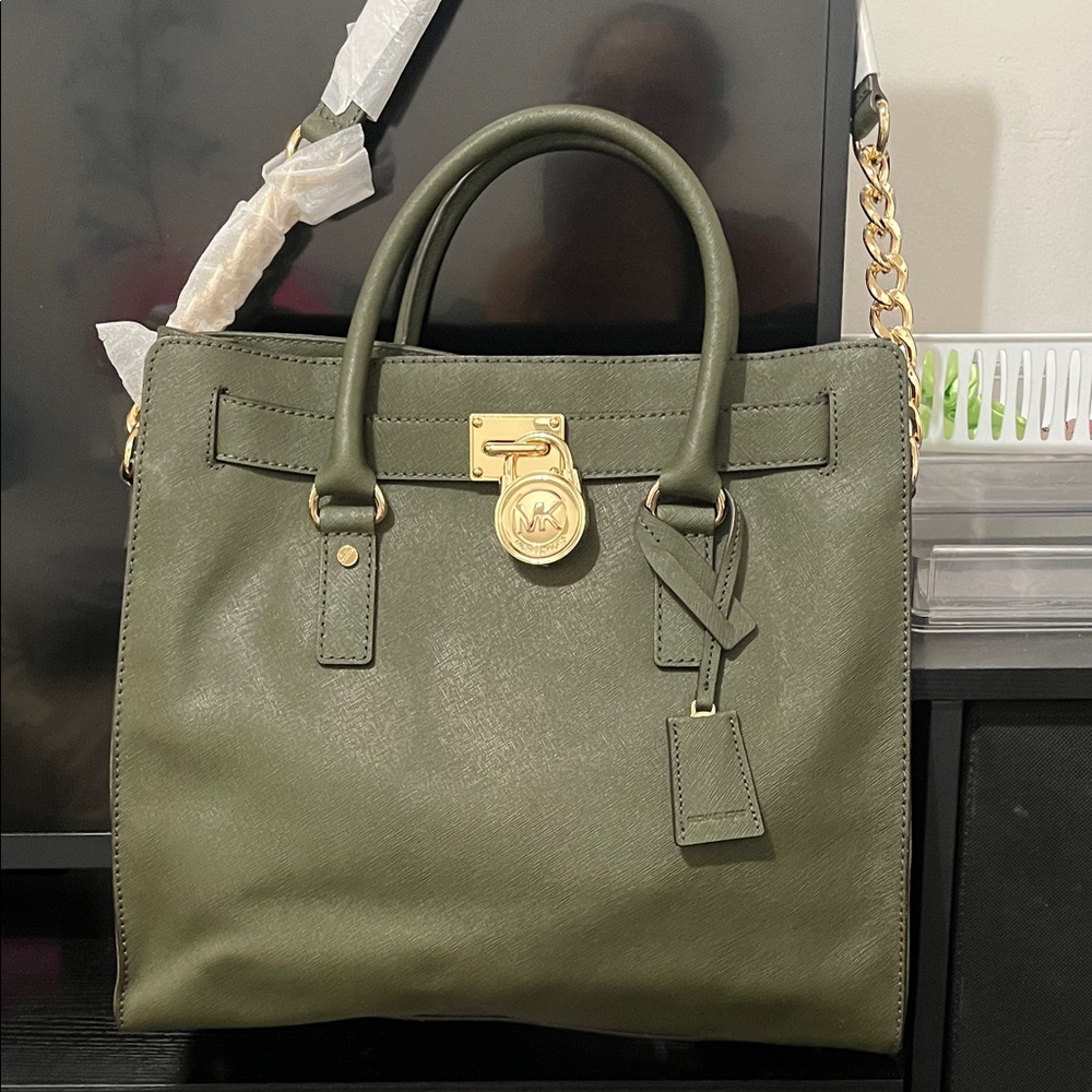 Michael Kors Olive Green Leather Tote Bag